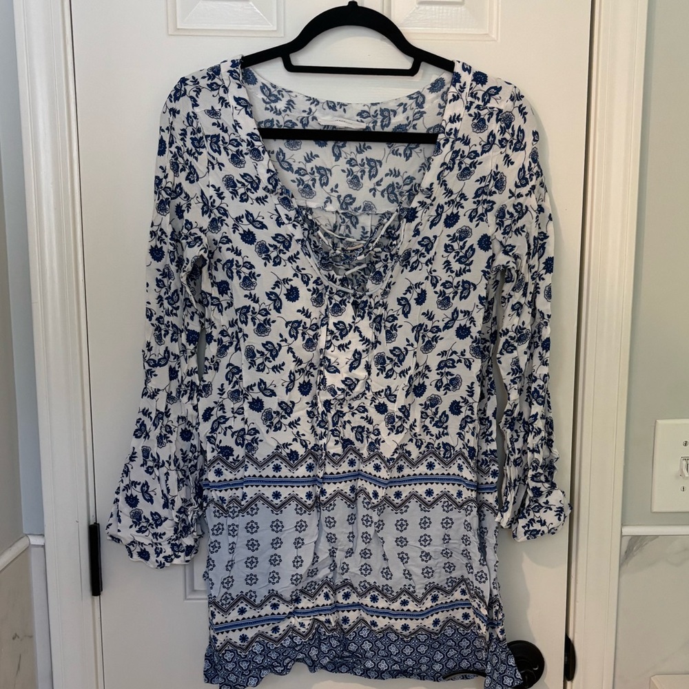 Oliviacious Boho Lace-Up Floral Mini Dress or Tunic - White & Blue
